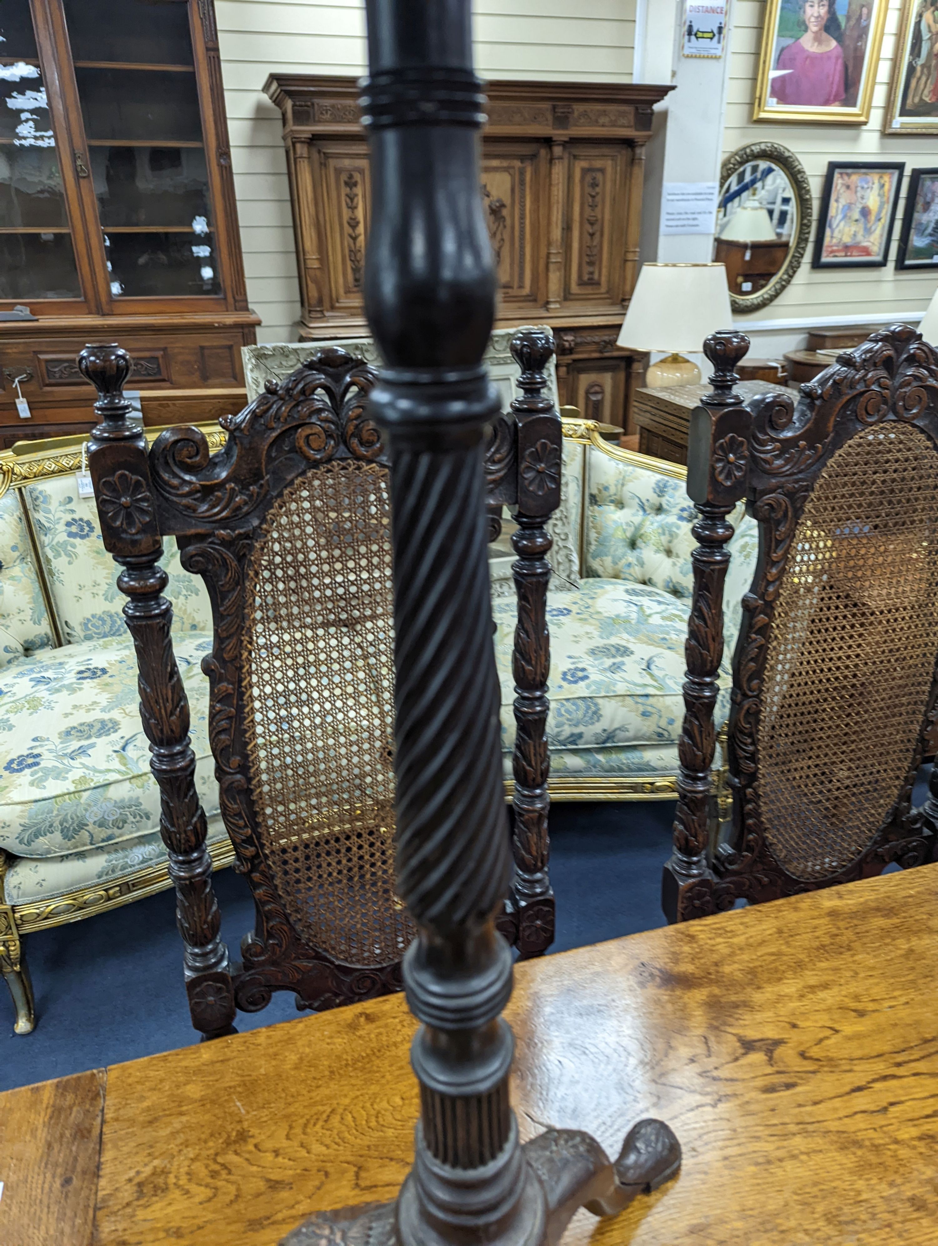 A George III style galleried mahogany tripod wine table incorporating old timber, width 34cm, height 76cm